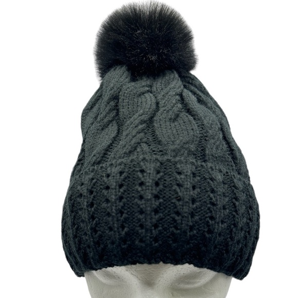 BLACK Cable Knit Beanie with Faux Fur Pom pom - Picture 5 of 7